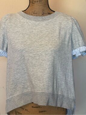 Heather Gray Short Sleeve Top with Blue Stripe Trim by Anthropologie